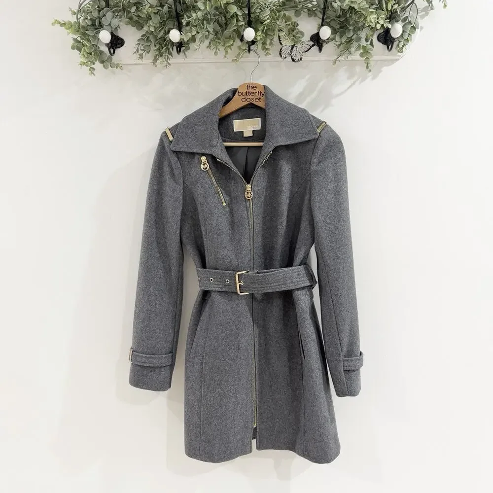 Michael Kors Grey Full Zip Belted Trench Coat Designer Luxury DG 2